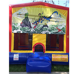 This bounce house is available in 15'x15' or 13'x13' and both have a basketball hoop inside.